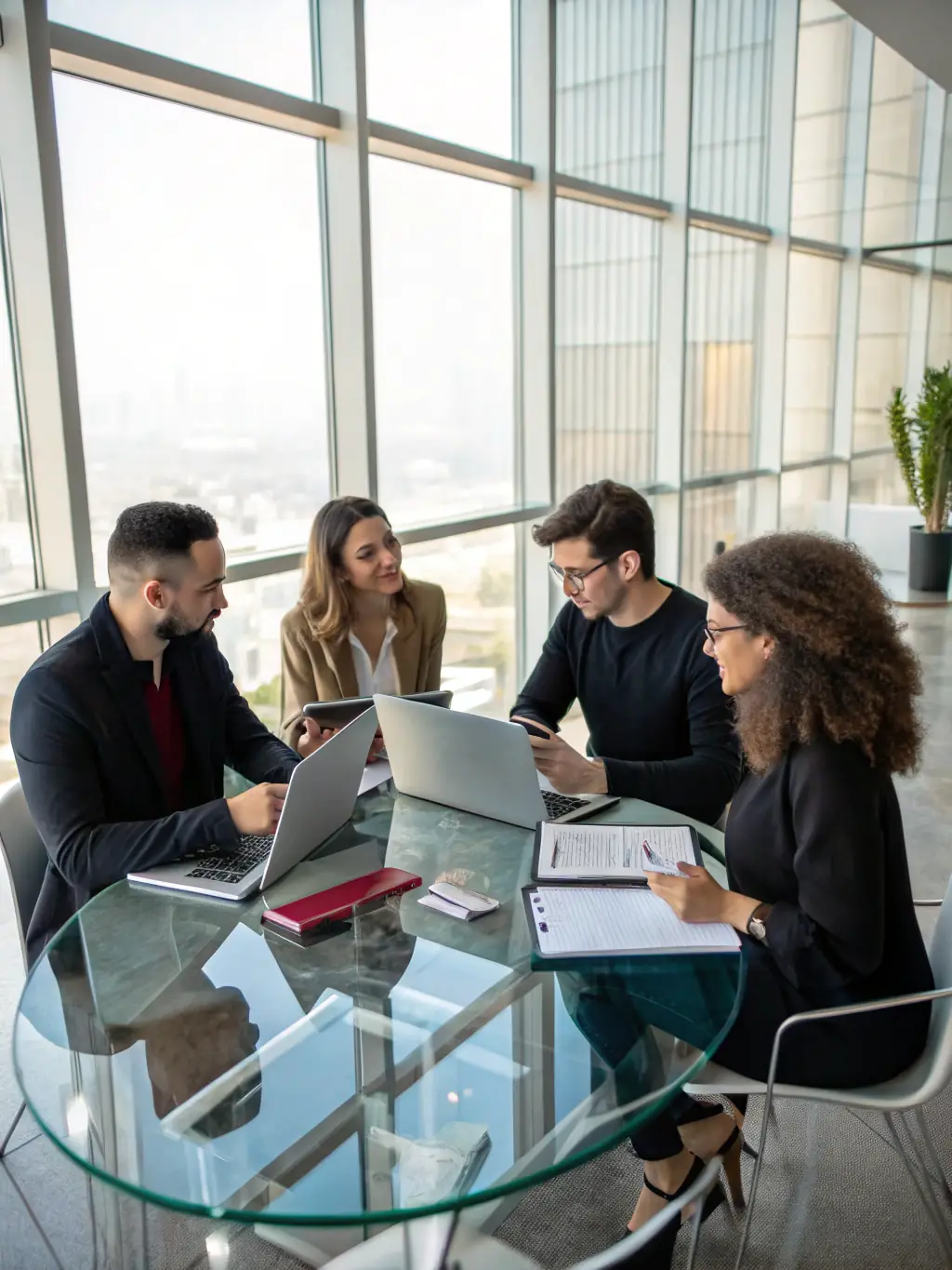 A diverse team collaborating on marketing strategies in a modern office setting, reflecting VertexGrowthPartners' commitment to innovation and teamwork.