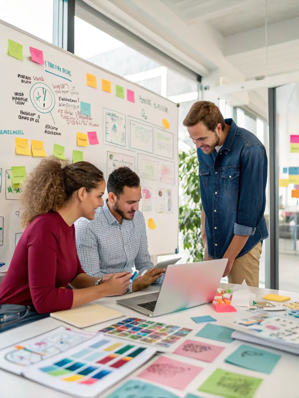 A creative team brainstorming brand concepts on a whiteboard, illustrating the collaborative process of VertexGrowthPartners' brand strategy development.