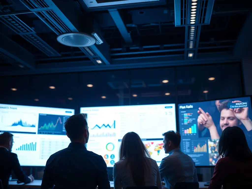 A visually striking image representing digital advertising, showcasing various devices displaying ads and analytics dashboards, set in a modern office environment.
