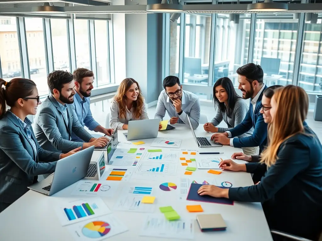 An image depicting a brainstorming session for brand strategy, featuring diverse team members collaborating with visual aids and brand mockups.